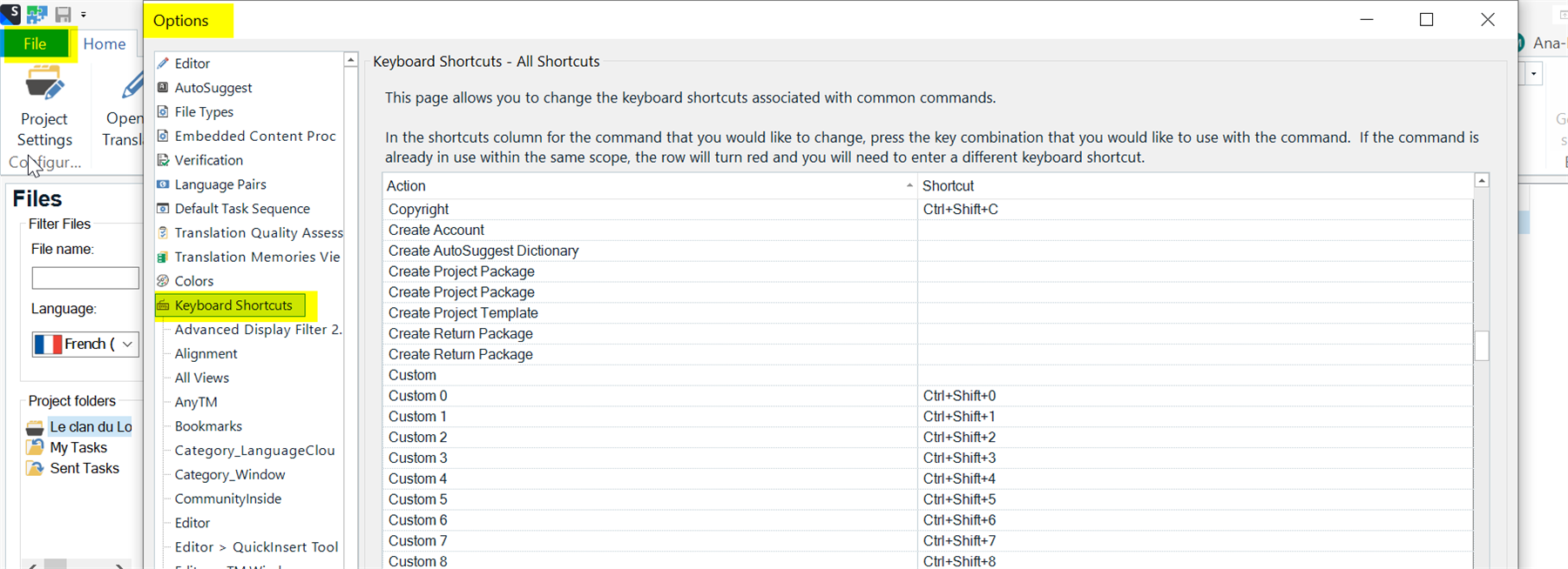 Trados Studio Options window showing Keyboard Shortcuts tab with a list of actions and their corresponding shortcuts. 'Create Project Package' is highlighted.