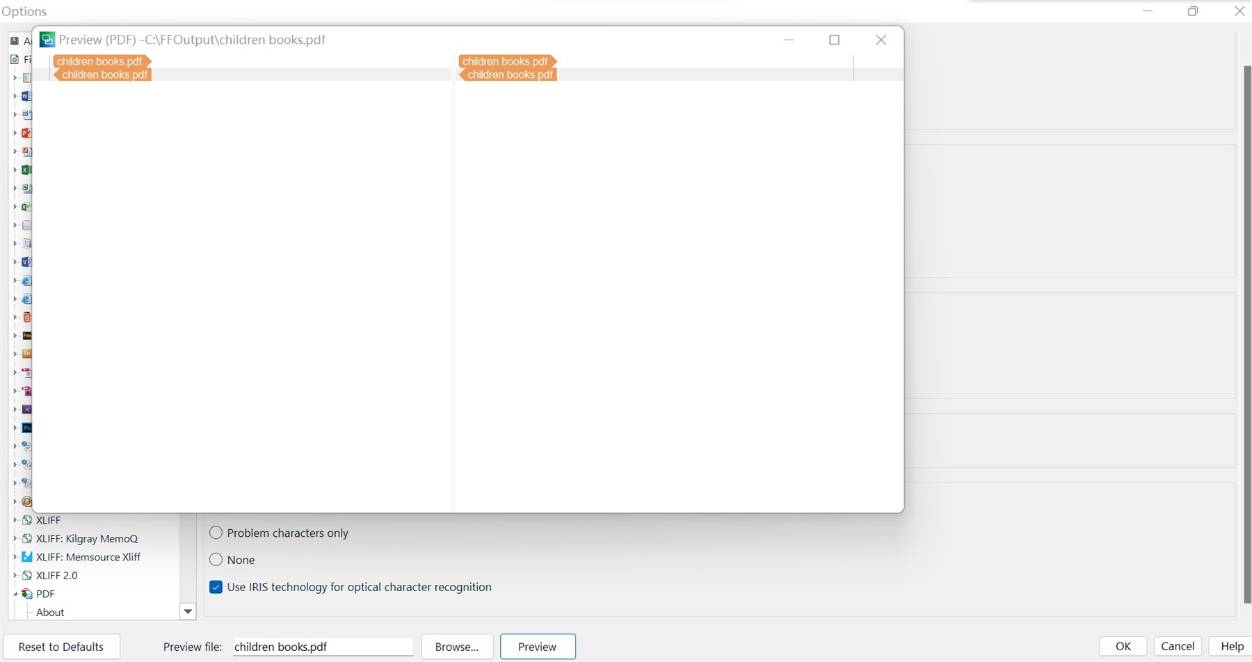 Trados Studio screenshot showing the Options window with PDF selected and a preview of 'children books.pdf' file. The 'Use IRIS technology for optical character recognition' option is checked.