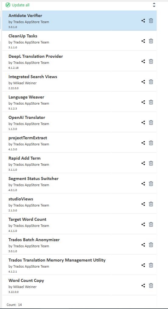 Screenshot of Trados Studio app list with 'Update all' button at the top, showing 14 apps including Antidote Verifier, CleanUp Tasks, and DeepL Translation Provider.