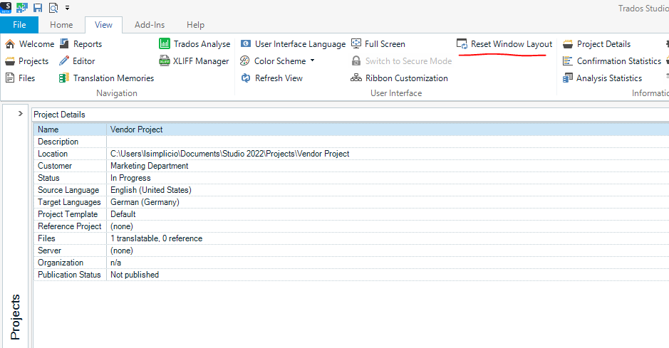 Trados Studio screenshot of the View tab highlighting the 'Reset Window Layout' button in red, indicating a solution to UI adaptation.
