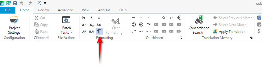Screenshot of Trados Studio interface highlighting the 'Clear Formatting' button on the Home tab.