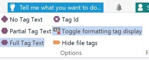 Screenshot of Trados Studio 2022 View menu with 'Toggle formatting tag display' option checked but greyed out, indicating it is selected but not changeable.