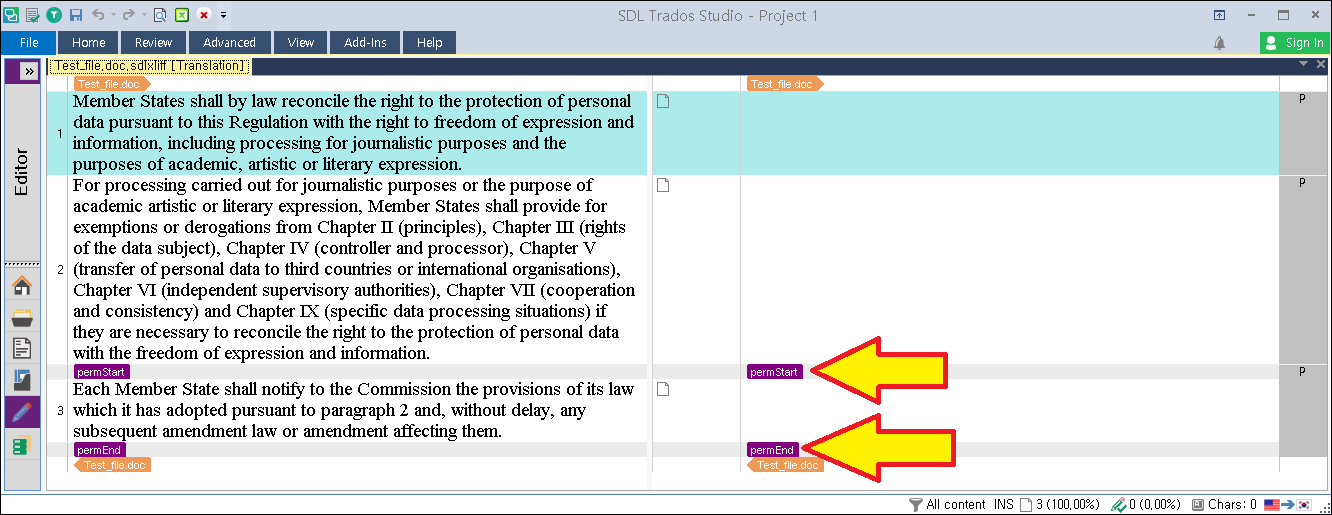 Screenshot of Trados Studio interface showing a text document with 'Permission to edit' tags indicated by two yellow arrows pointing to 'permStart' and 'permEnd' tags within the text.