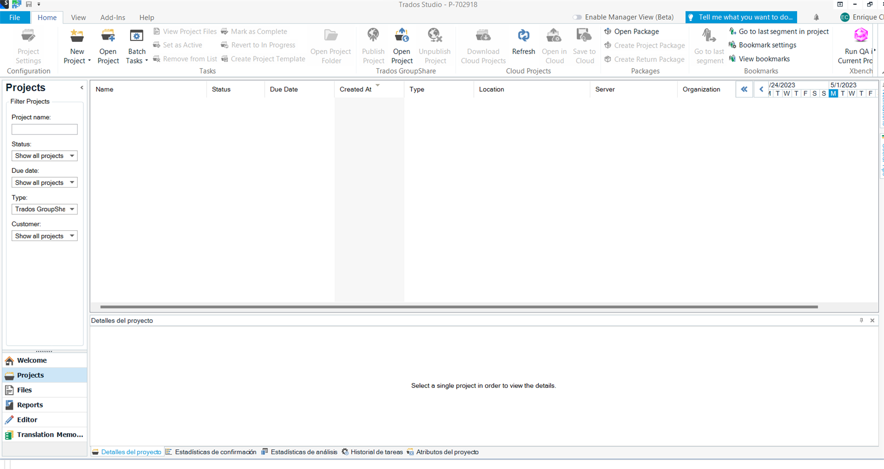 Screenshot of Trados Studio 2022 showing an empty project list in the Projects view, with the message 'Select a single project in order to view the details' at the bottom.