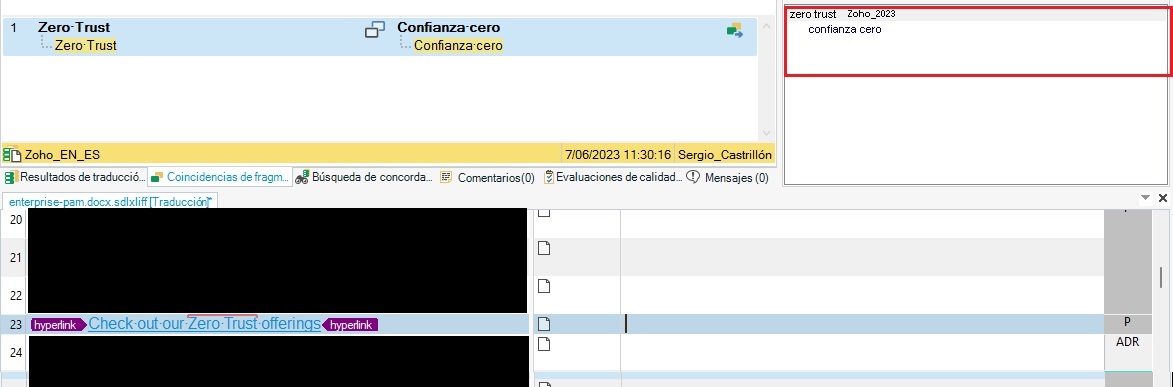 Screenshot displaying Trados Studio with the term 'Zero Trust' highlighted in the source column and the termbase providing a translation suggestion 'Confianza cero'.