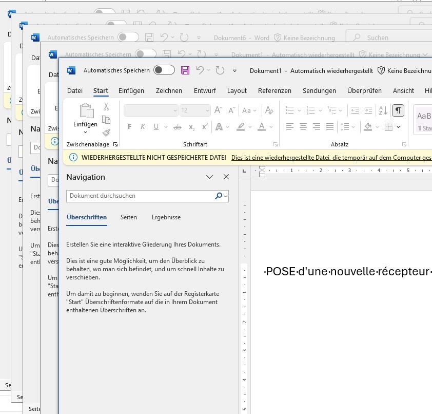 Screenshot of a Microsoft Word interface with a notification for a recovered unsaved document in German, and a Navigation pane open on the left side.