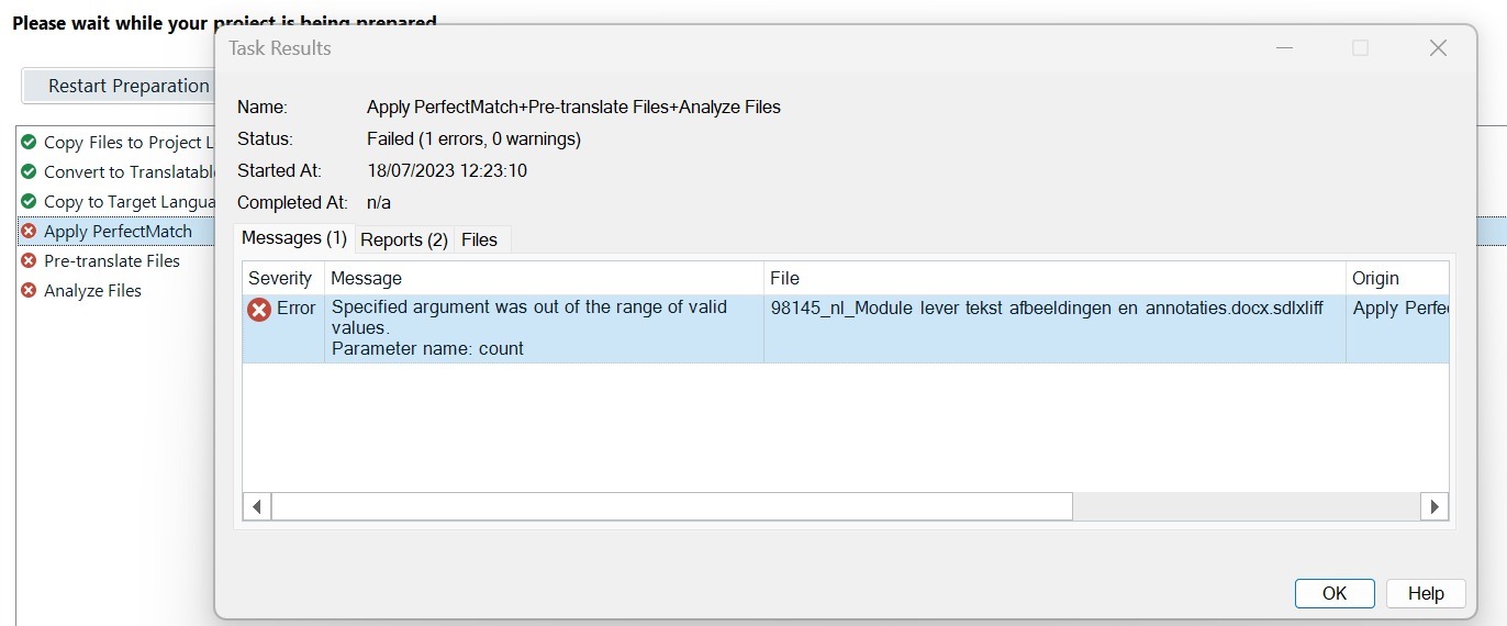 Trados Studio error message window showing 'Apply PerfectMatch+Pre-translate Files+Analyze Files' task failed with one error and no warnings. Error: Specified argument was out of the range of valid values. Parameter name: count.