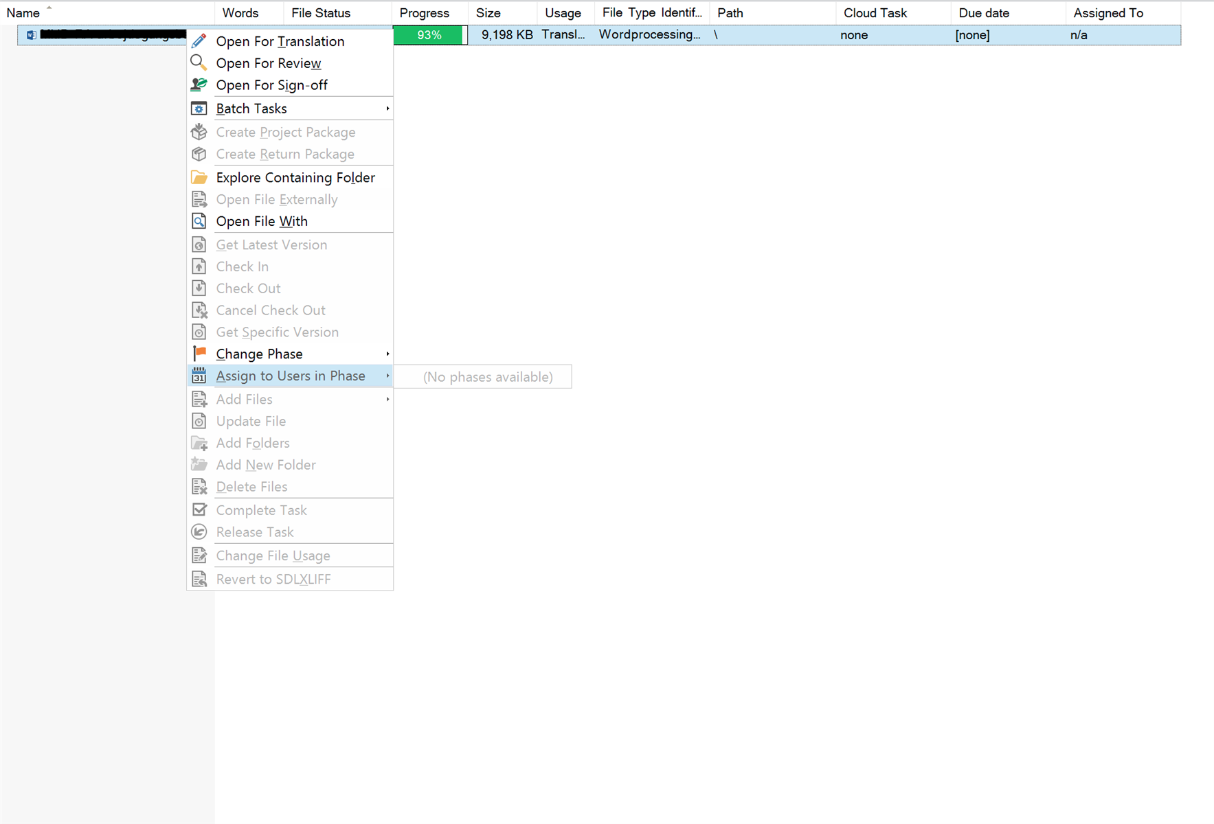 Trados Studio screenshot showing a project file with 93% progress. The 'Change Phase' option is selected, displaying a message '(No phases available)' indicating a possible issue with phase assignment.