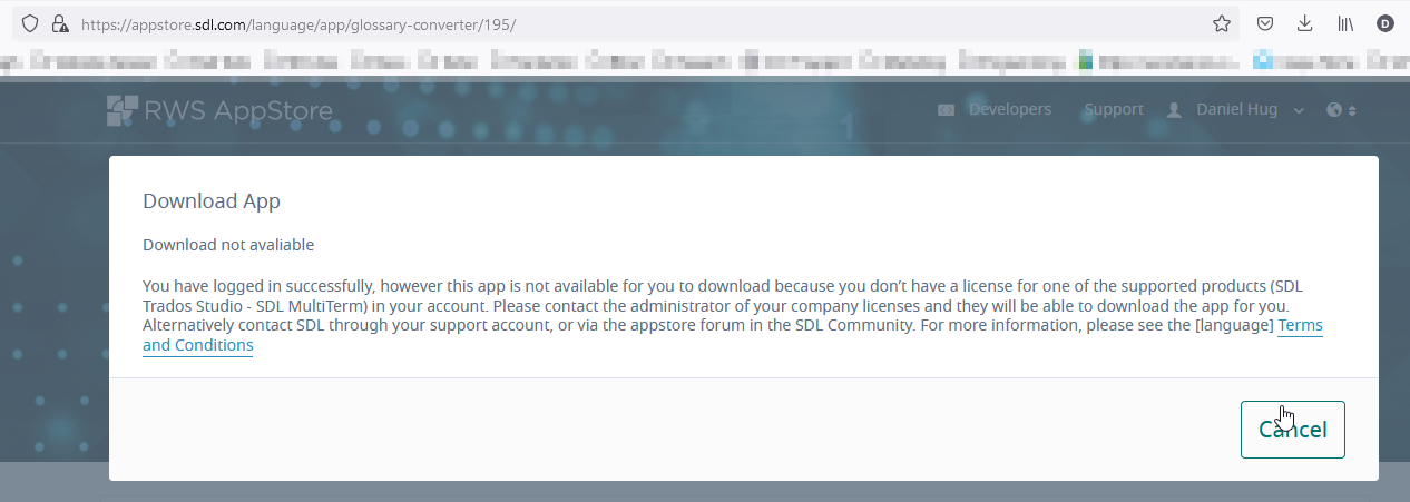 Screenshot of RWS AppStore showing a 'Download App' error message stating 'Download not available' and instructions to contact the administrator or SDL support.