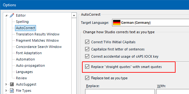 Trados Studio Options menu showing AutoCorrect settings for German language with 'Replace straight quotes with smart quotes' option checked.