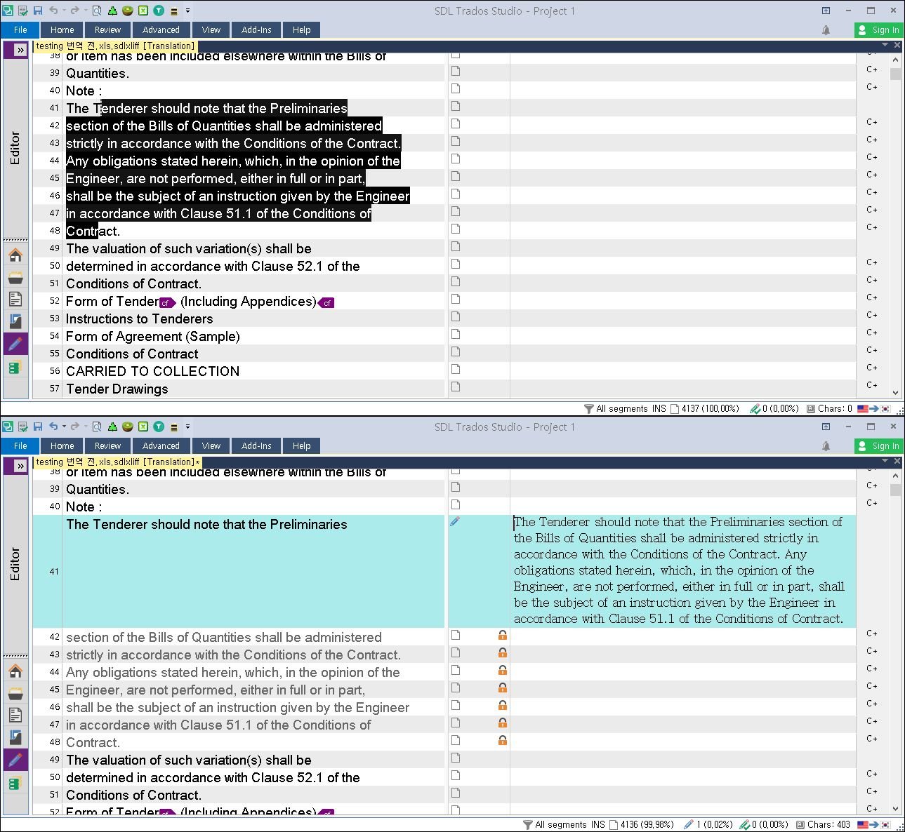 Screenshot of Trados Studio interface showing a translation project with highlighted text segments in the Editor pane.
