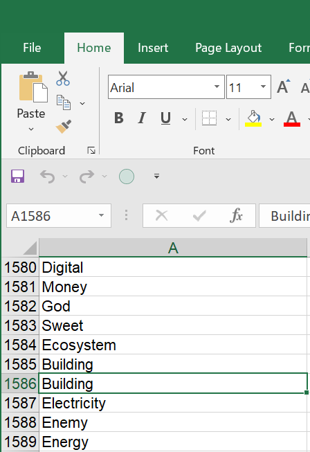 Excel spreadsheet screenshot with rows of words, two rows with the word 'Building' indicating a duplicate that needs editing.