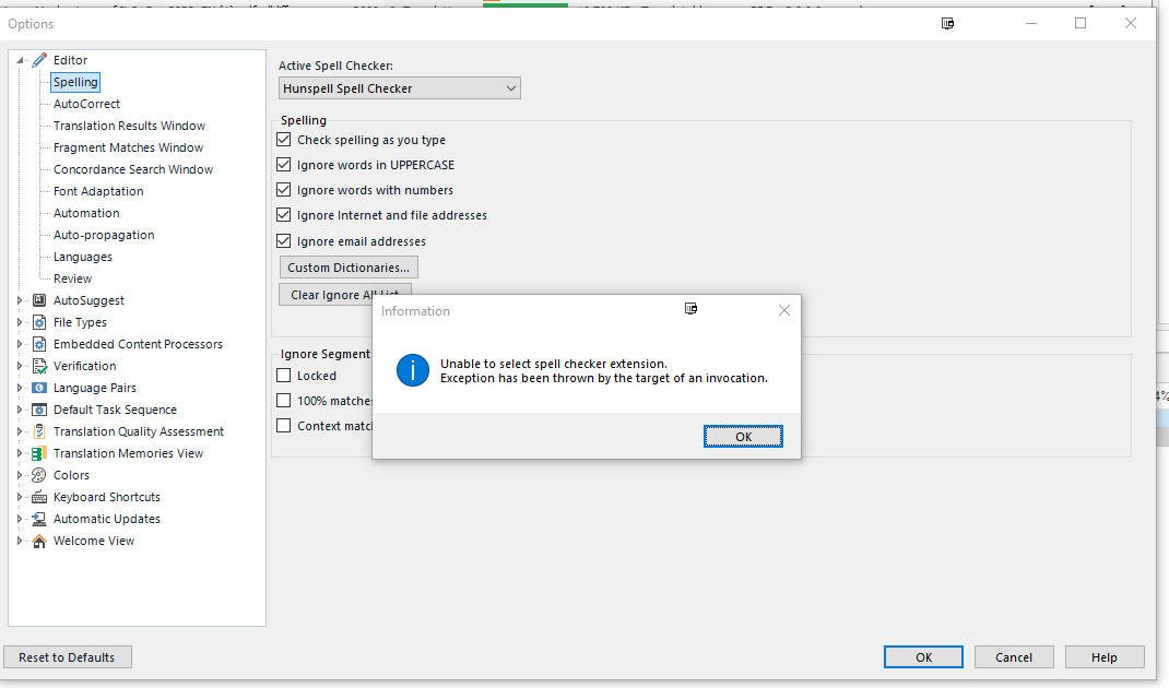 Trados Studio error message pop-up saying 'Unable to select spell checker extension. Exception has been thrown by the target of an invocation.' with an OK button.