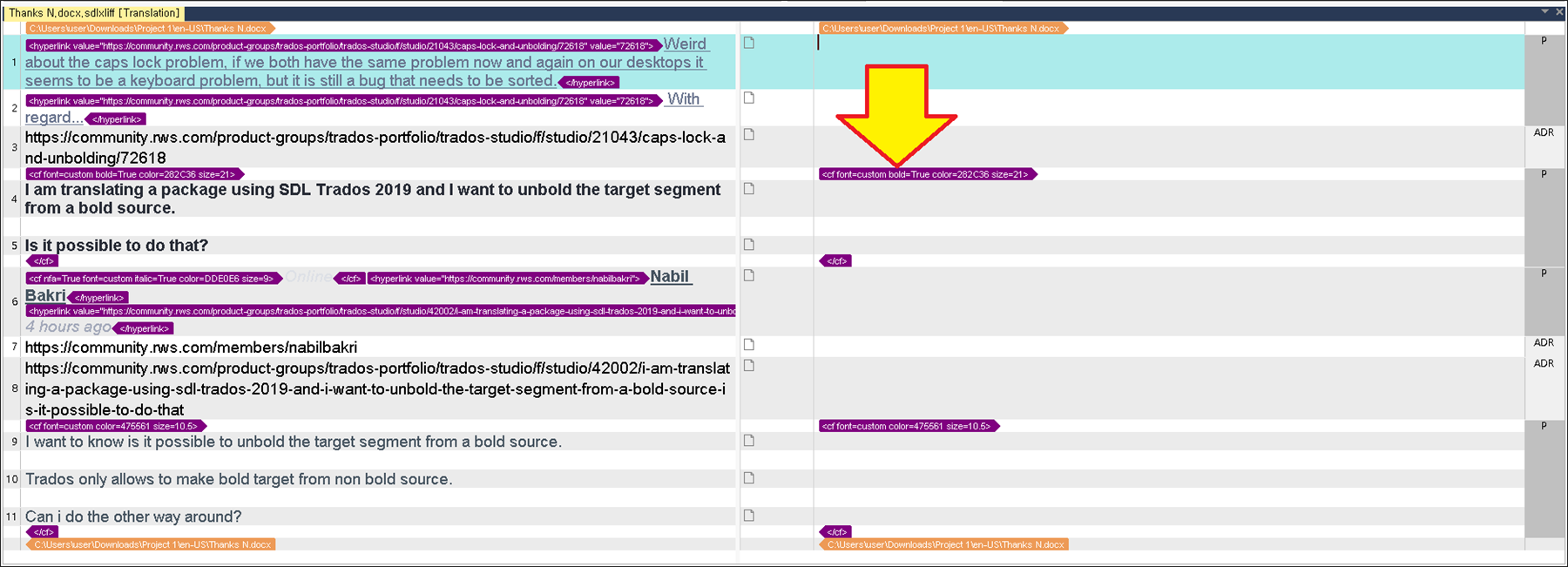 Screenshot of Trados Studio forum post discussing how to unbold text in a translation project. A yellow arrow points to a bold 'Tag' line in the text editor.