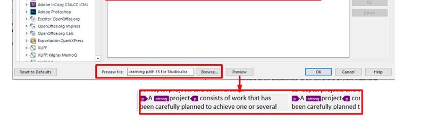 Preview window in Trados Studio displaying text without visible HTML tags, indicating correct processing of embedded content.