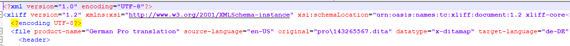 Screenshot of an XLF file header indicating product name 'German Pro translation', source language 'en-US', and target language 'de-DE'.