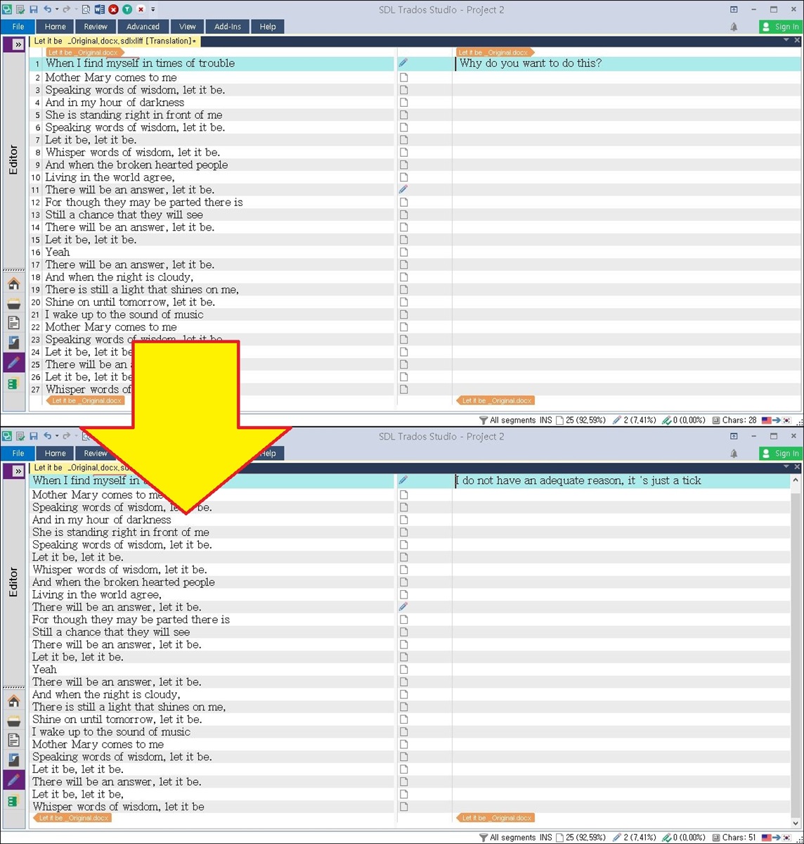 Screenshot of Trados Studio interface showing a translation project with a warning message 'I do not have an adequate reason, it's just a tick' next to a checkbox.