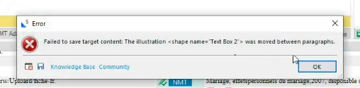 Error dialog box in Trados Studio with message: Failed to save target content. The illustration shape name 'Text Box 2' was moved between paragraphs.