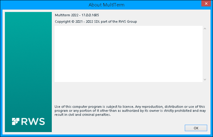 Screenshot of the 'About MultiTerm' window in Trados Studio, showing version 17.0.0.1685 and copyright notice for 2021-2022 SDL part of the RWS Group.