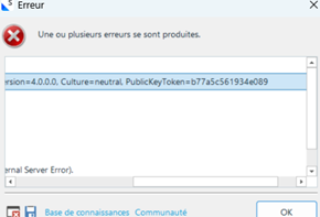 Error dialog box in French with details of an exception including a public key token.