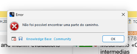 Error dialog box with a red cross icon, title 'Error', and message in Portuguese 'Nao foi possivel encontrar uma parte do caminho', with an 'OK' button and links to 'Knowledge Base' and 'Community'.