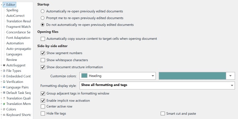 Trados Studio settings window showing Editor options with 'Show all formatting and tags' selected under Formatting display style.