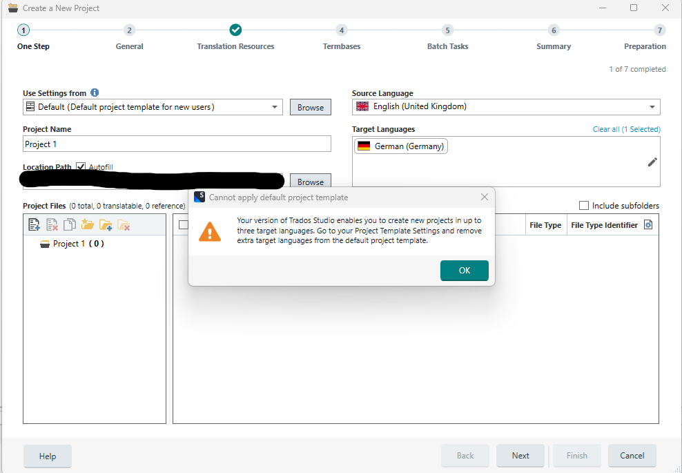 Screenshot of a 'Create a New Project' window with an error message. The error states 'Cannot apply default project template. Your version of Trados Studio enables you to create new projects in up to three target languages. Go to your Project Template Settings and remove extra target languages from the default project template.' The source language is set to English (United Kingdom) and the target language is German (Germany).