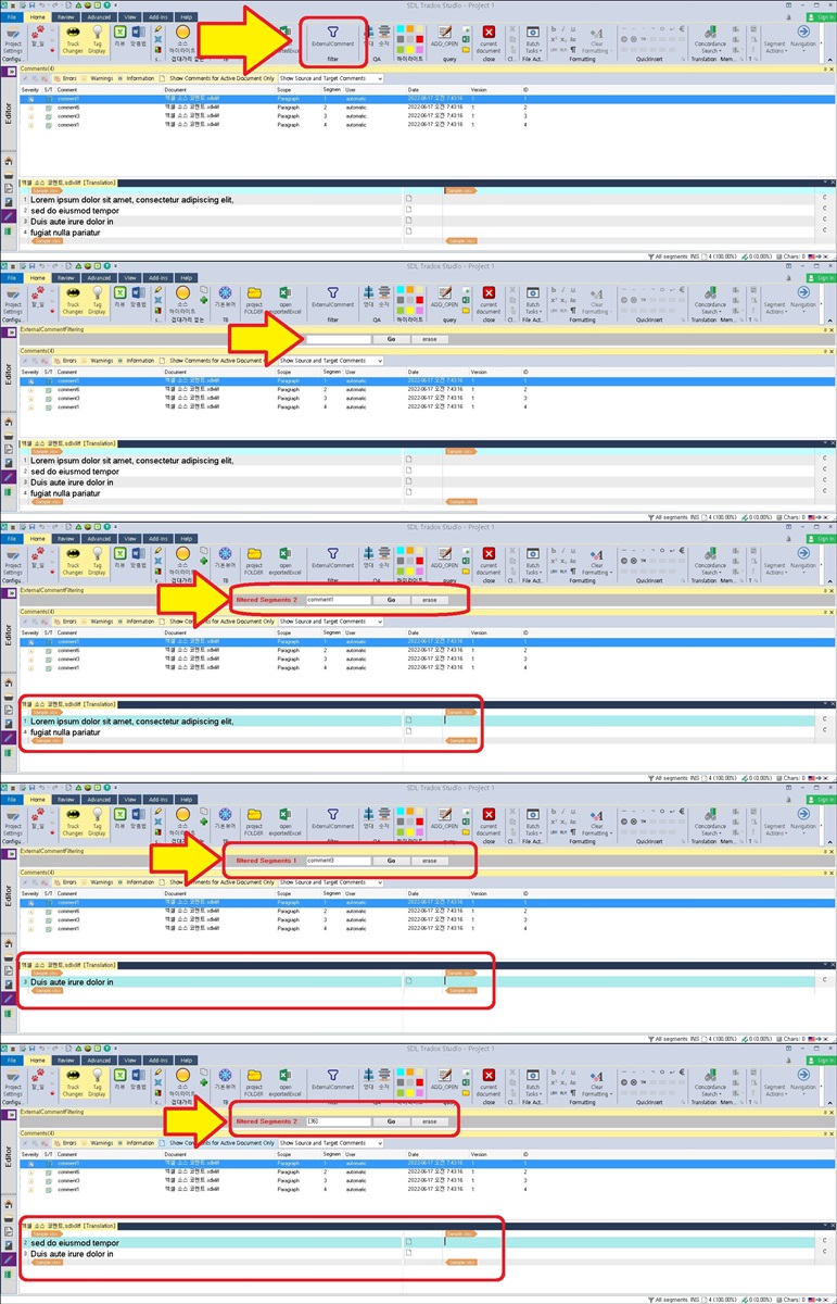 Screenshot of Trados Studio interface showing a search function with 'ExternalComment' criteria and two segments highlighted as results.