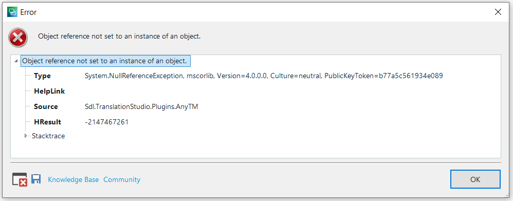 Error dialog box in Trados Studio with a red cross symbol, displaying 'Object reference not set to an instance of an object.' and details about the error type, help link, source, and HRESULT.