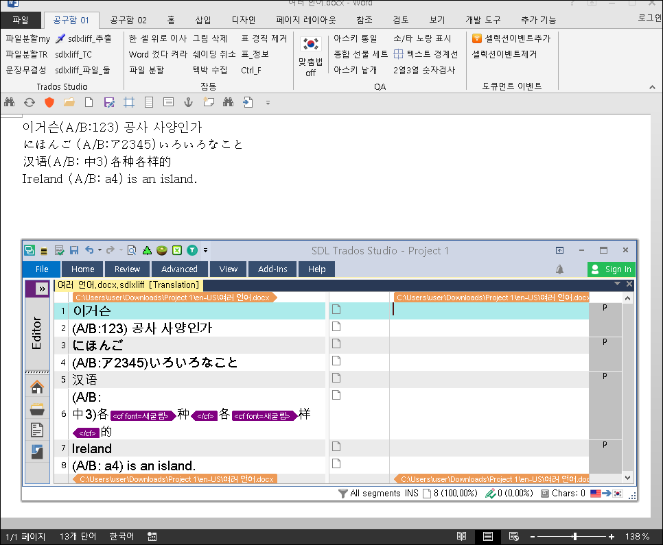 Trados Studio interface showing a translation project with various segments and a warning sign indicating an issue with segment number 6.
