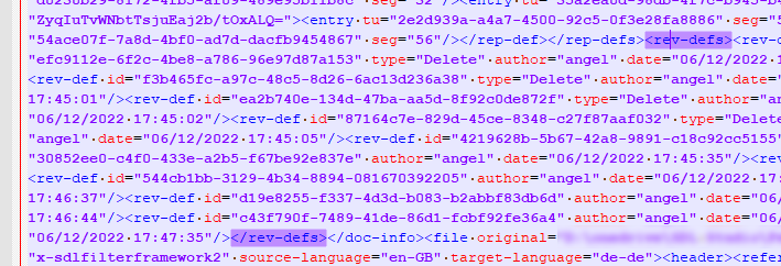 XML code snippet from Trados Studio showing multiple 'rev-def' entries indicating tracked changes in the document.