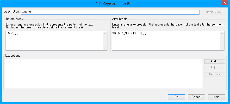 Trados Studio Edit Segmentation Rule dialog box showing fields for Description, Before break regular expression A-Z5, and After break regular expression wA-Z1A-Z:0-95.