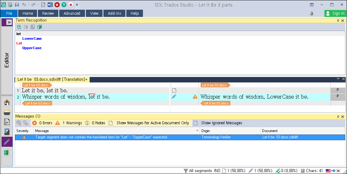 Screenshot of SDL Trados Studio interface showing the Term Recognition pane with 'let' in different cases and an Editor pane with a warning message 'Target segment does not contain the translated term for "Let". "UpperCase" expected.'