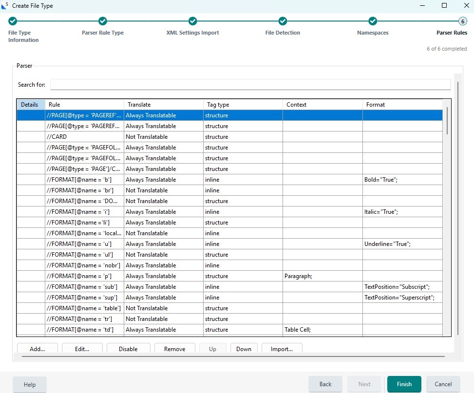 Create File Type wizard showing Parser Rules step with a table of rules, including details, rule paths, translate status, tag type, context, and format information.