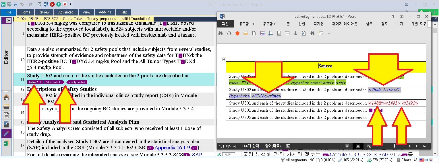 Screenshot of Trados Studio showing a document with highlighted text indicating 'Table 1.1' and 'Hyperlink' tags, with a warning about only 'Numbers' being displayed instead of full tag content.