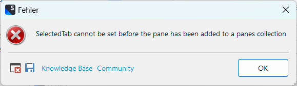 Error dialog box with a red cross icon, titled 'Fehler'. Message reads 'SelectedTab cannot be set before the pane has been added to a panes collection'. Buttons for 'Knowledge Base' and 'Community', and an 'OK' button are visible.