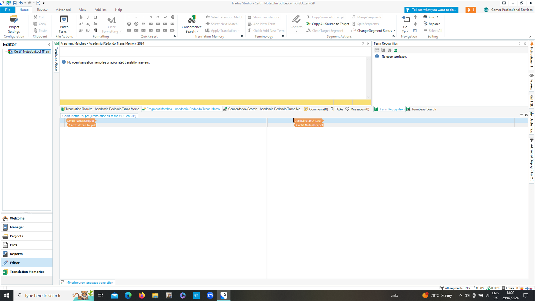 Screenshot of Trados Studio interface with a PDF file open, showing no translation memory or term base loaded, and no content displayed for translation.