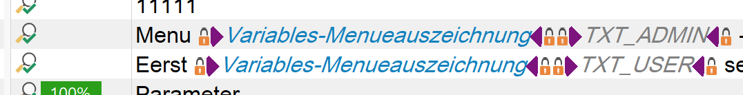 Screenshot of Trados Studio showing a list of variables with spell-check errors highlighted in red underlines, including 'Menu Variables-Menuauszeichnung' and 'Eerst Variables-Menuauszeichnung'.
