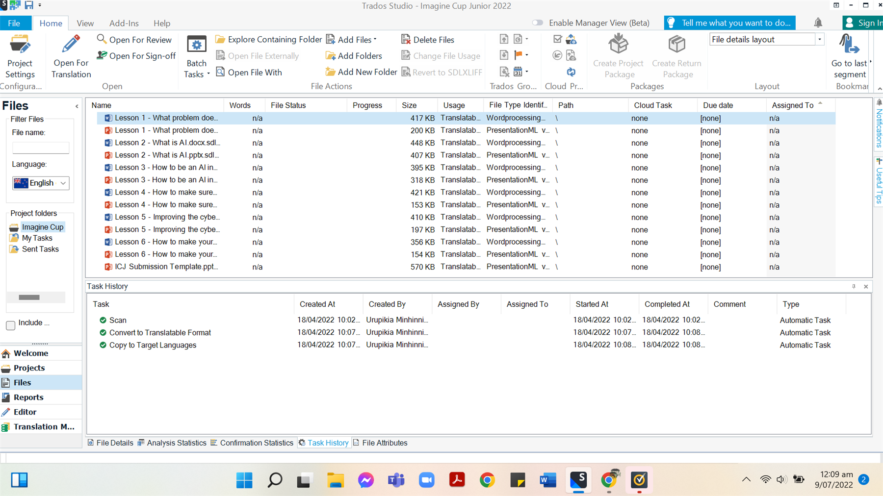 Trados Studio interface showing a list of files with 'na' under 'Words', 'File Status', and 'Progress' columns. Task history at the bottom shows completed tasks.