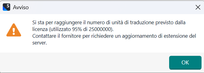 Warning dialog box in Italian from Trados Studio software indicating nearing the maximum number of translation units allowed by the license, with 95% of 25,000,000 units used, and advising to contact the provider for a license extension.