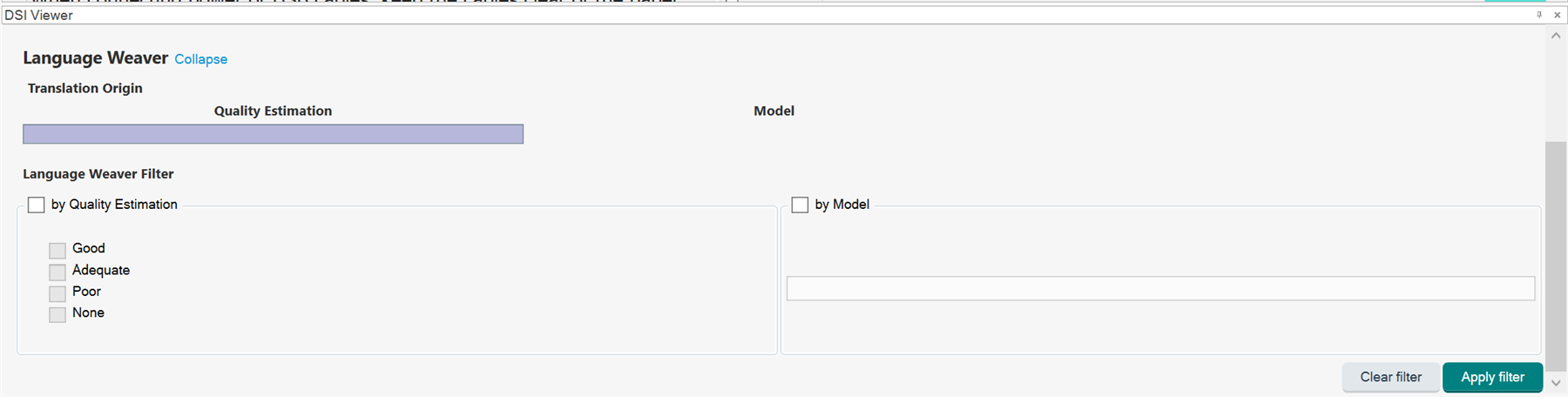 Screenshot of Trados Studio DSI Viewer showing Language Weaver section with Translation Origin and Quality Estimation tabs, and filters for Quality Estimation and Model.