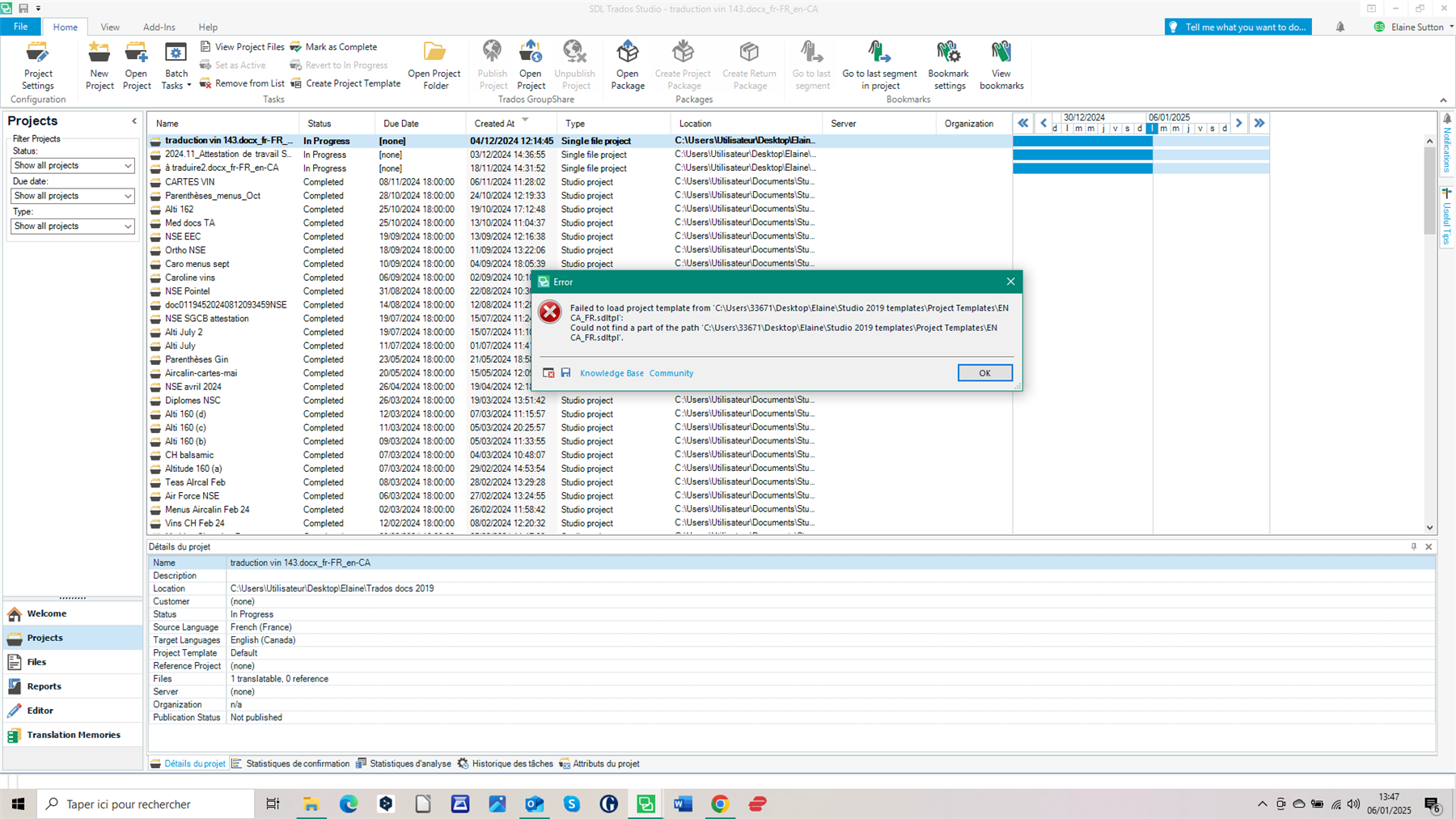 Screenshot of SDL Trados Studio with an error message 'Failed to load project template from C:UsersElaineStudio 2019 templatesProject TemplatesEN CA FR.dftprj'.