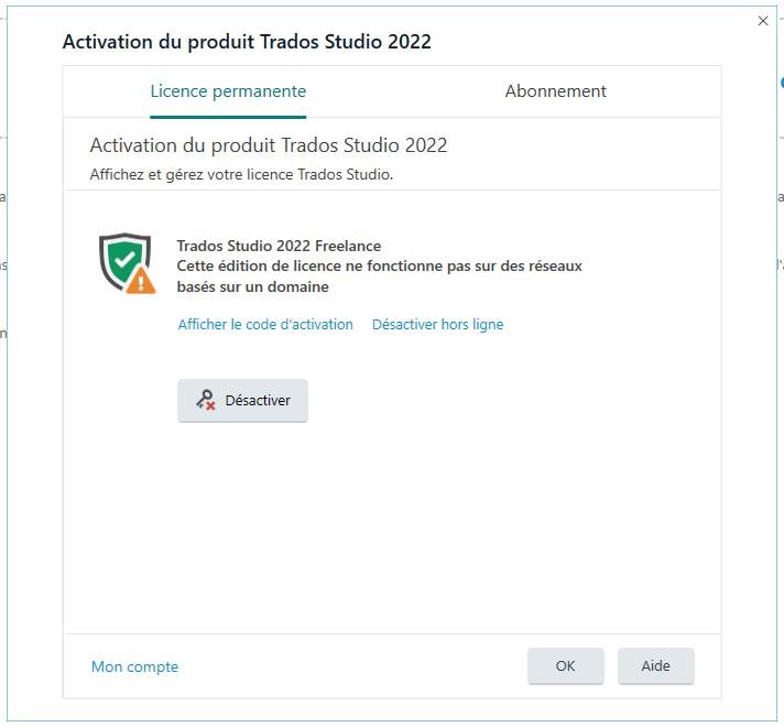 Trados Studio 2022 activation screen with a green checkmark next to 'Trados Studio 2022 Freelance' and a warning message stating the license does not work on domain-based networks. Options to show activation code, deactivate offline, and a 'Deactivate' button are visible.