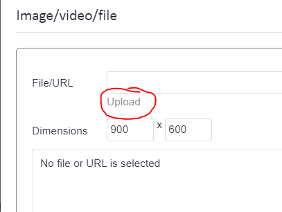 Screenshot of Trados Studio's image upload interface with an 'Upload' button circled in red, indicating the option to upload a file, and dimensions of the file area listed as 900 by 600. No file or URL is currently selected.