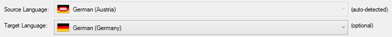 Screenshot showing Trados Studio language settings with source language set to German (Austria) and target language set to German (Germany) marked as optional.