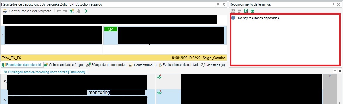 Trados Studio screenshot showing term recognition pane with message 'No hay resultados disponibles' indicating no term results found.