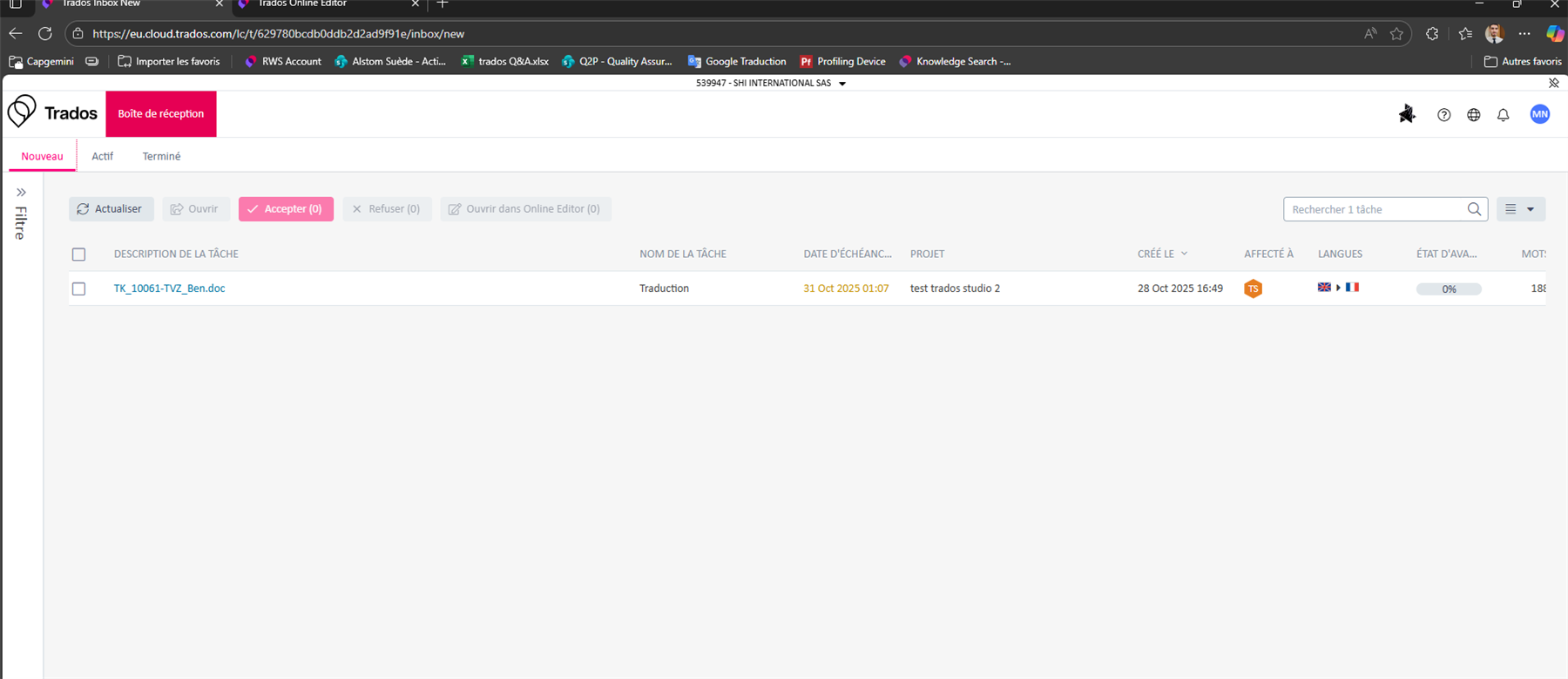 Trados Team web interface displaying a task list with one task named 'TK_10061-TV2_Ben.doc', its due date, project name, and progress at 0%.