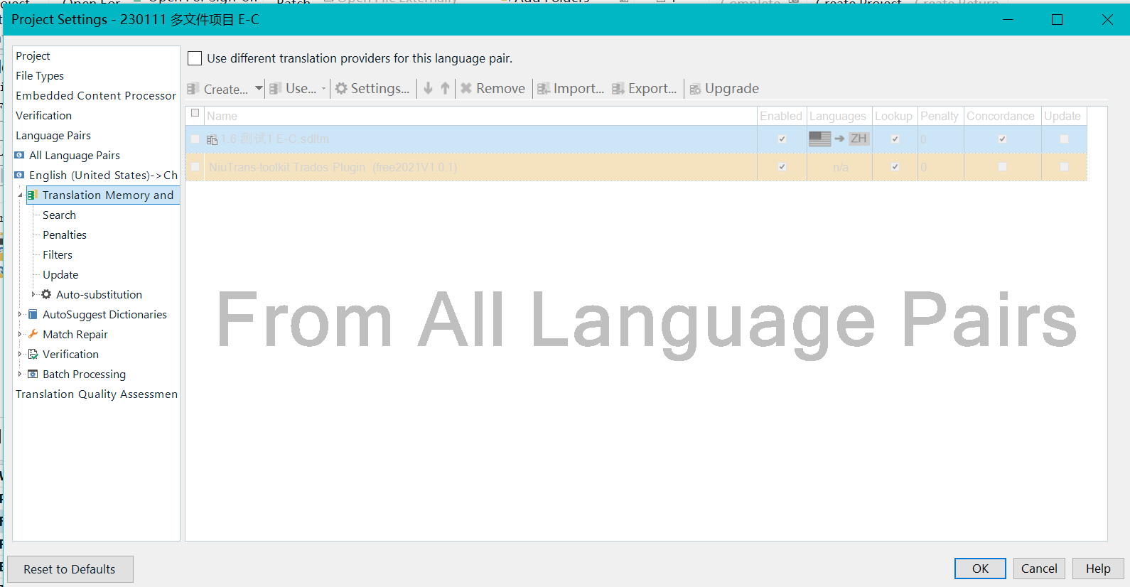 Trados Studio Project Settings window with the 'Use different translation providers for this language pair' checkbox unchecked.