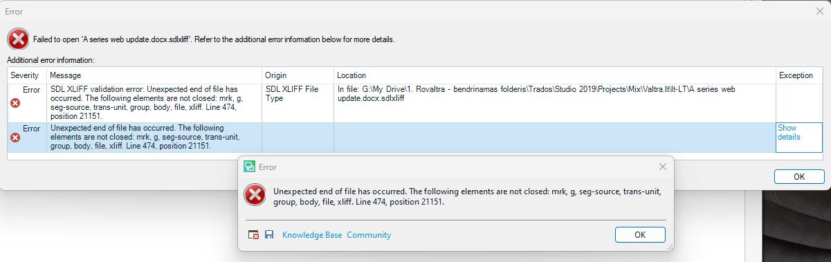 Error window showing 'Failed to open A series web update.docx.sdlxliff' with details about unexpected end of file and unclosed elements like mrk, g, seg-source, trans-unit, and more.