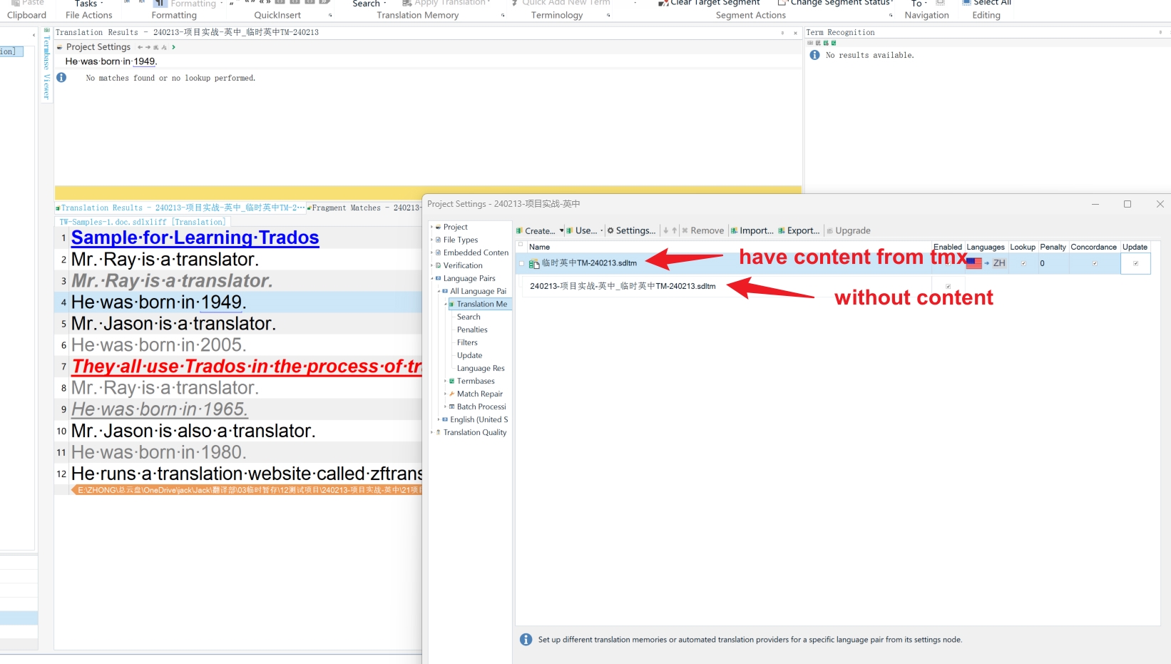 Screenshot of Trados Studio showing two translation memories, one with content from TMX and one without content.